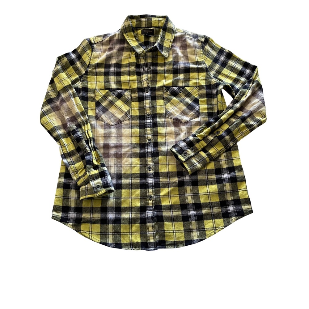 True Religion Womens Yellow Black Plaid Flannel Button Down Shirt Size Medium